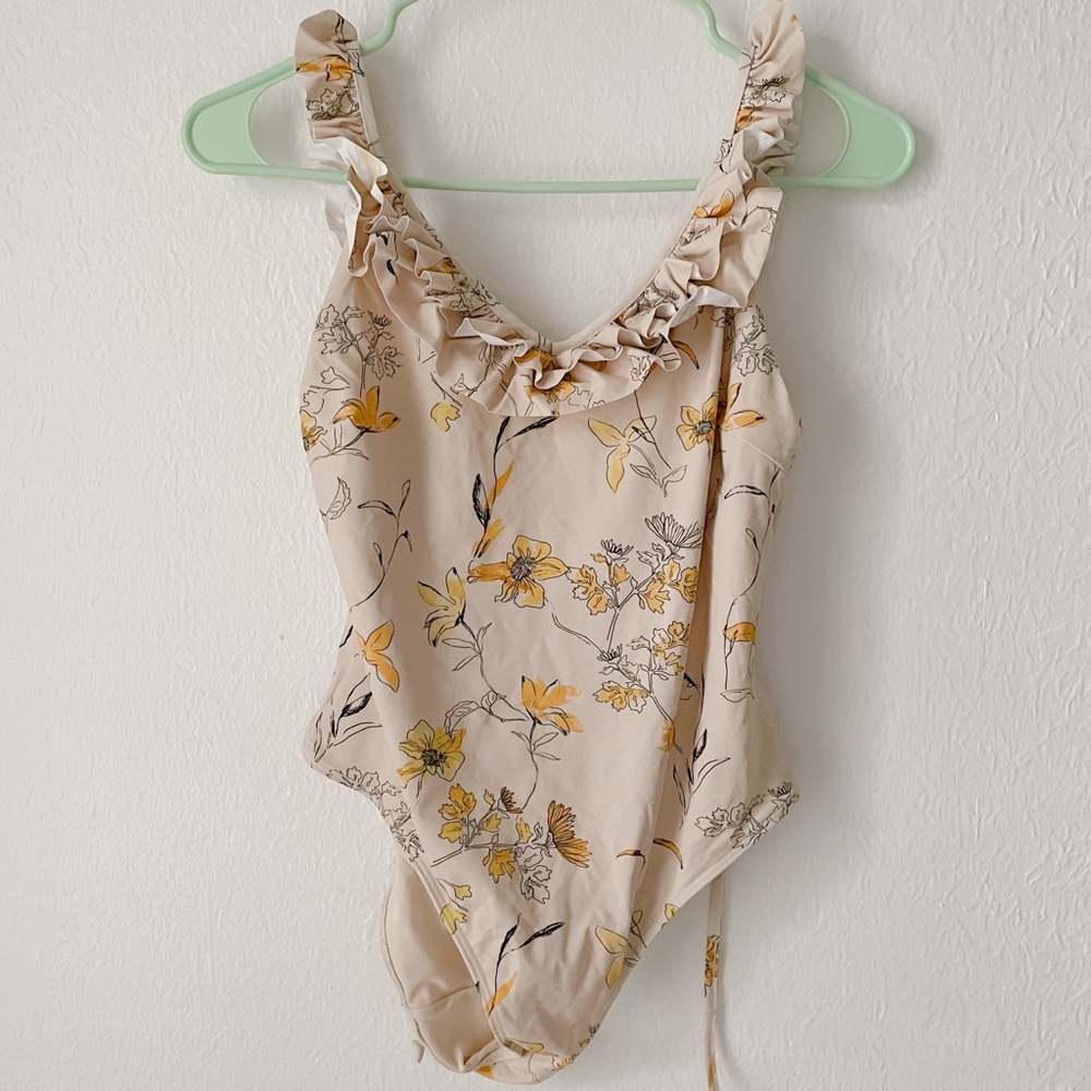 H&M Cream Floral Ruffle One-Piece Swimsuit